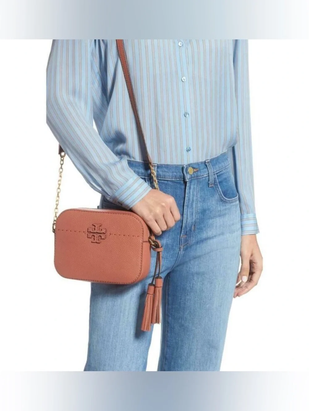 Tory Burch Dusty Pink Leather Crossbody Camera Bag with Tassels